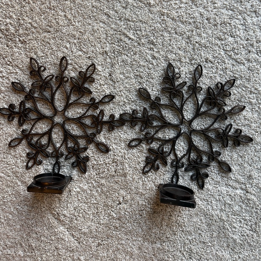 Set of 2 Decorative wrought iron Metal Snowflake Candle Holders 10”x10”
